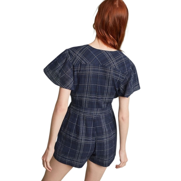 Greylin Navy Plaid Wrap Romper M Flutter Sleeve Tie Waist Chic Summer - Picture 2 of 10